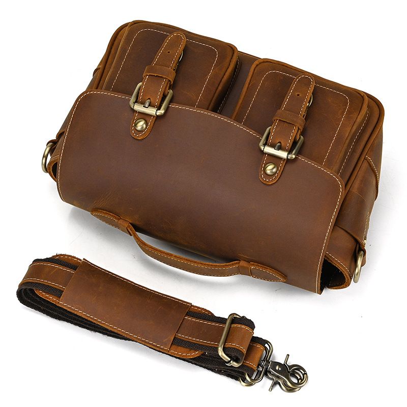 Vintage Full Grain Leather Camera Bag for Men – Handmade Shoulder & Crossbody Photography Bag