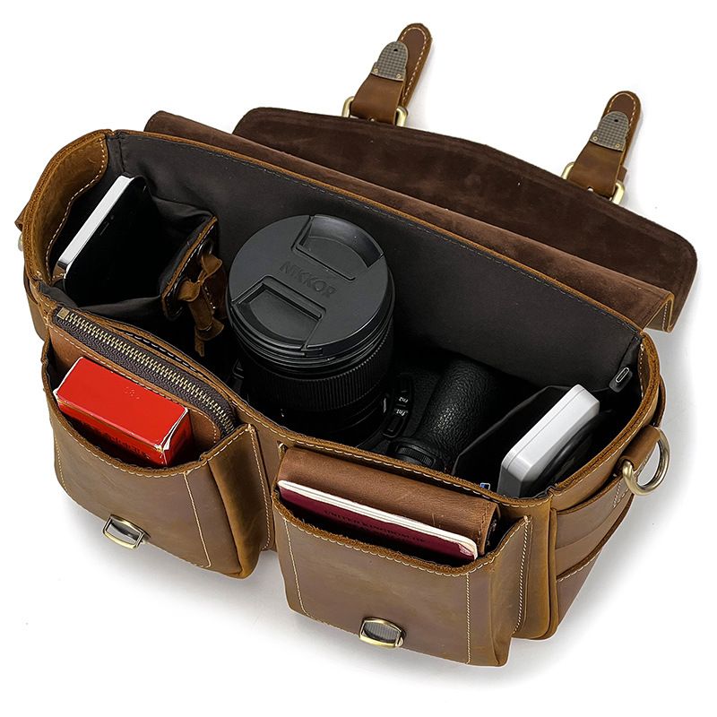 Vintage Full Grain Leather Camera Bag for Men – Handmade Shoulder & Crossbody Photography Bag