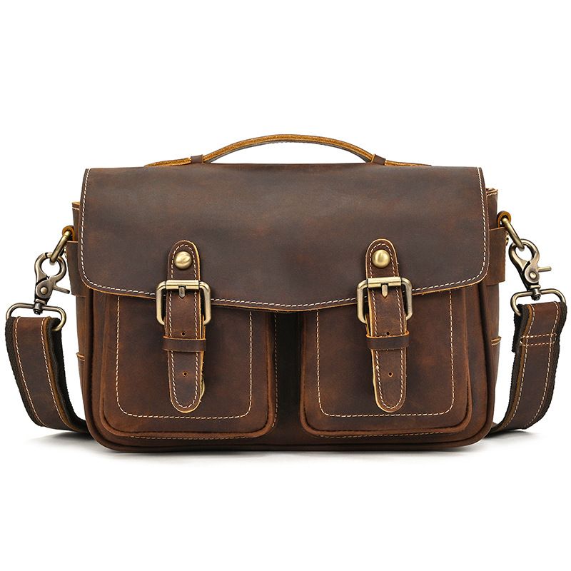 Vintage Full Grain Leather Camera Bag for Men – Handmade Shoulder & Crossbody Photography Bag