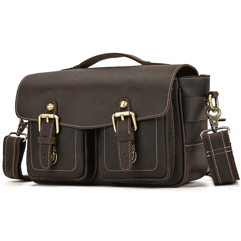 Vintage Full Grain Leather Camera Bag for Men – Handmade Shoulder & Crossbody Photography Bag