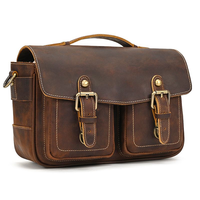 Vintage Full Grain Leather Camera Bag for Men – Handmade Shoulder & Crossbody Photography Bag