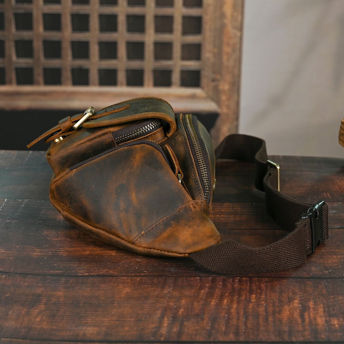 Vintage Full Grain Leather Waist Bag for Men – Genuine Leather Belt Bag Crossbody Fanny Pack Fits 8" iPad