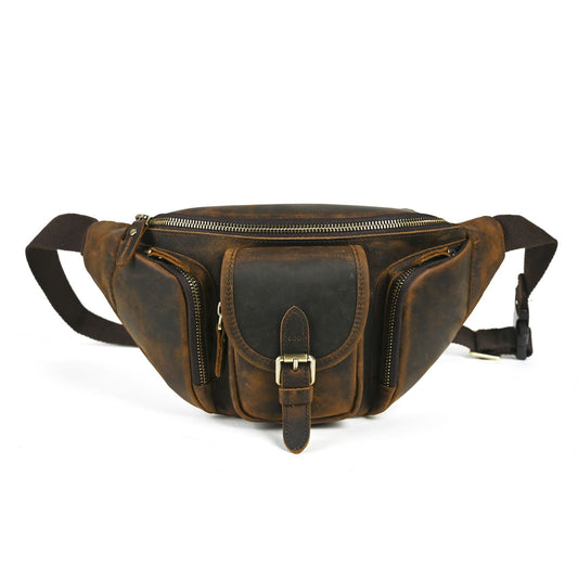 Vintage Full Grain Leather Waist Bag for Men – Genuine Leather Belt Bag Crossbody Fanny Pack Fits 8" iPad
