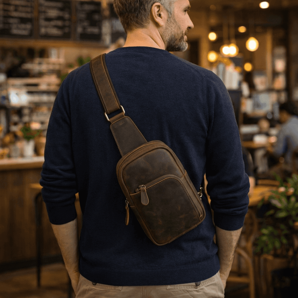 Full Grain Leather Sling Bag for Men – Vintage Leather Crossbody Chest Bag Fits 7.9" iPad, Anti-Theft Pocket, Men's Leather Shoulder Daypack