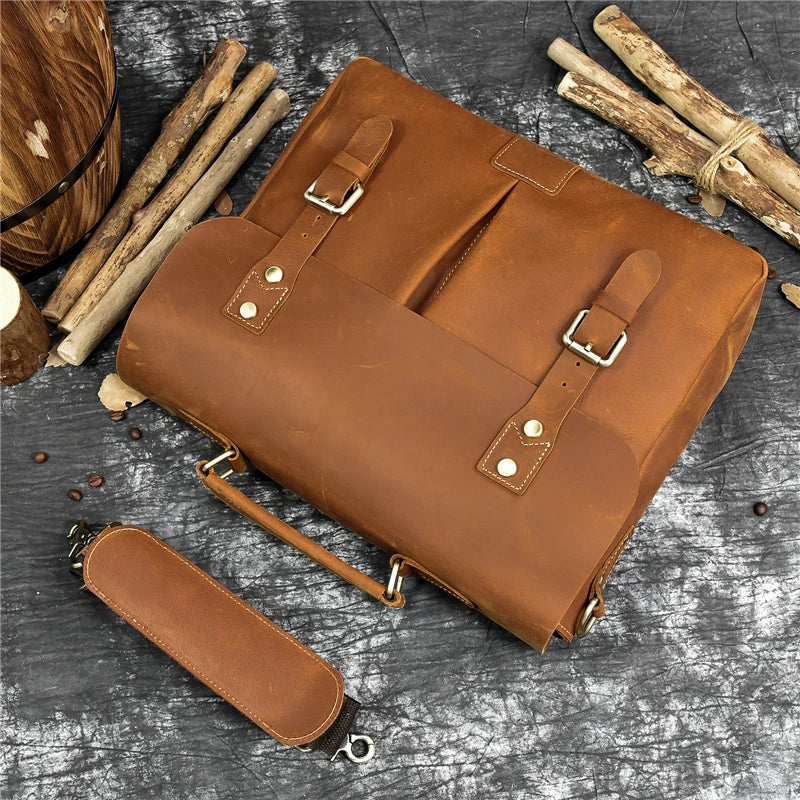 Male Soft Cow Leather Laptop Shoulder Bag