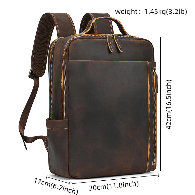 Fashion Men's Full-Grain Leather Laptop Backpack