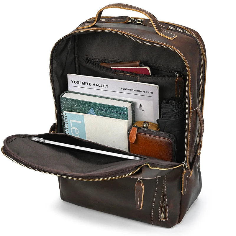 Fashion Men's Full-Grain Leather Laptop Backpack