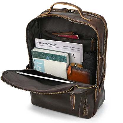 Fashion Men's Full-Grain Leather Laptop Backpack