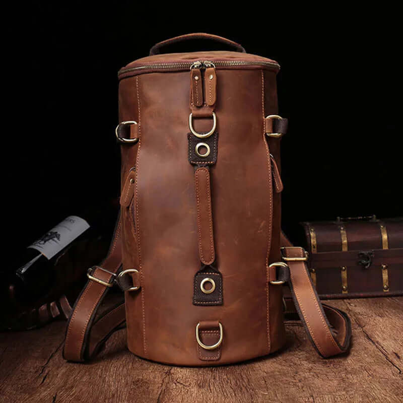 brown leather backpack