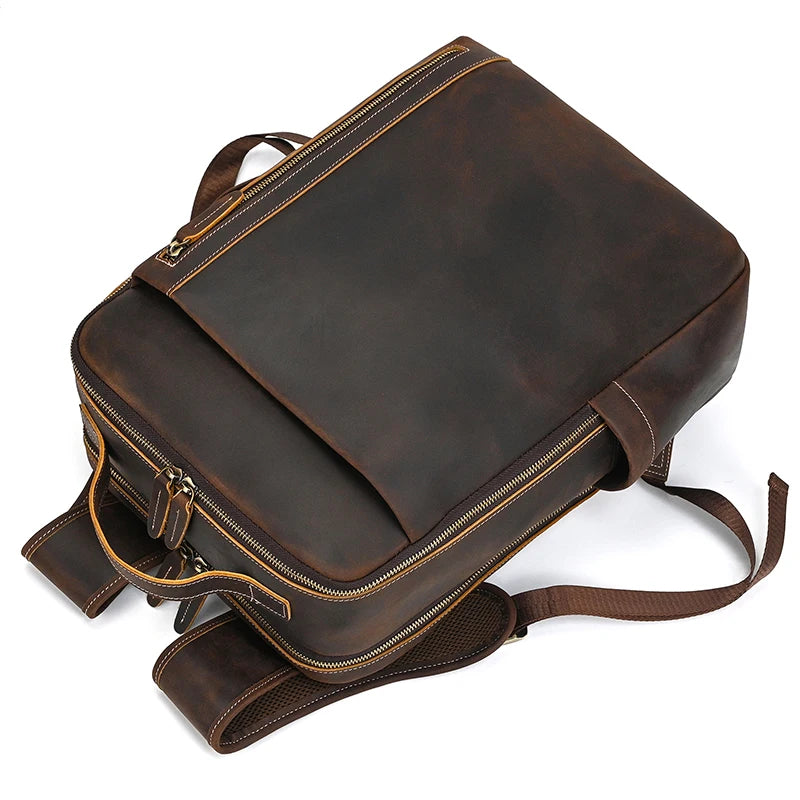 Fashion Men's Full-Grain Leather Laptop Backpack